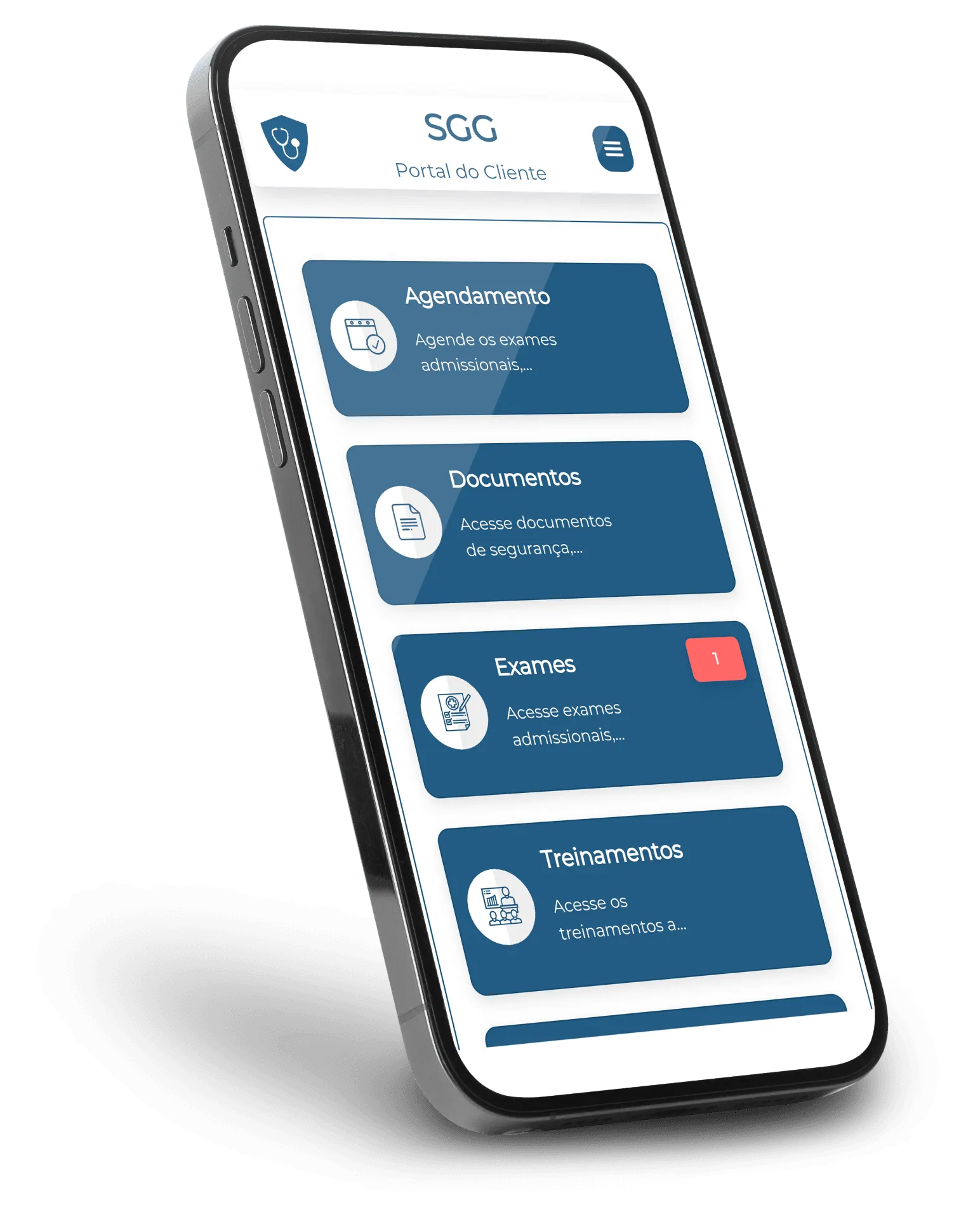 Interface do aplicativo móvel SGG mostrando funcionalidades para clientes