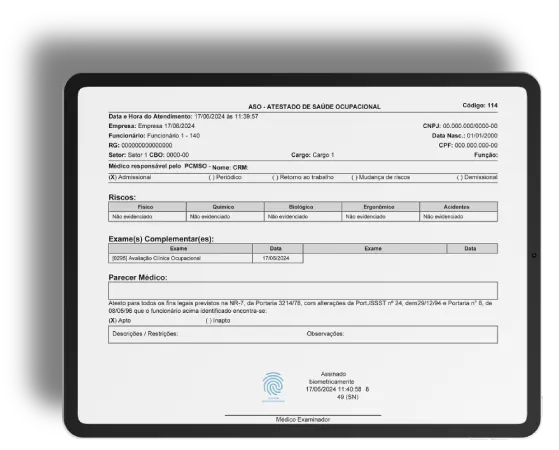 Exemplo de Atestado de Saúde Ocupacional (ASO)