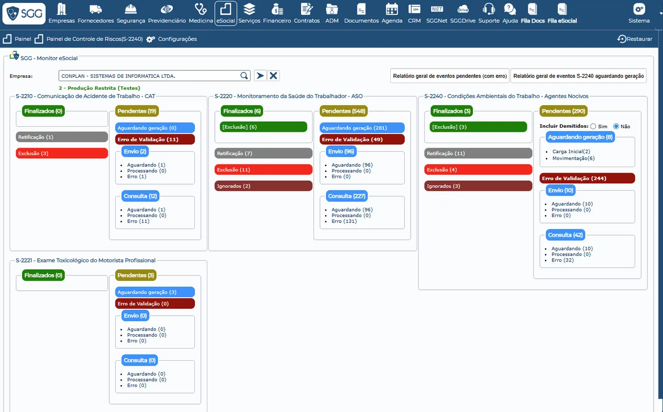 Painel de monitoramento eSocial do SGG com status dos eventos S-2210, S-2220 e S-2240