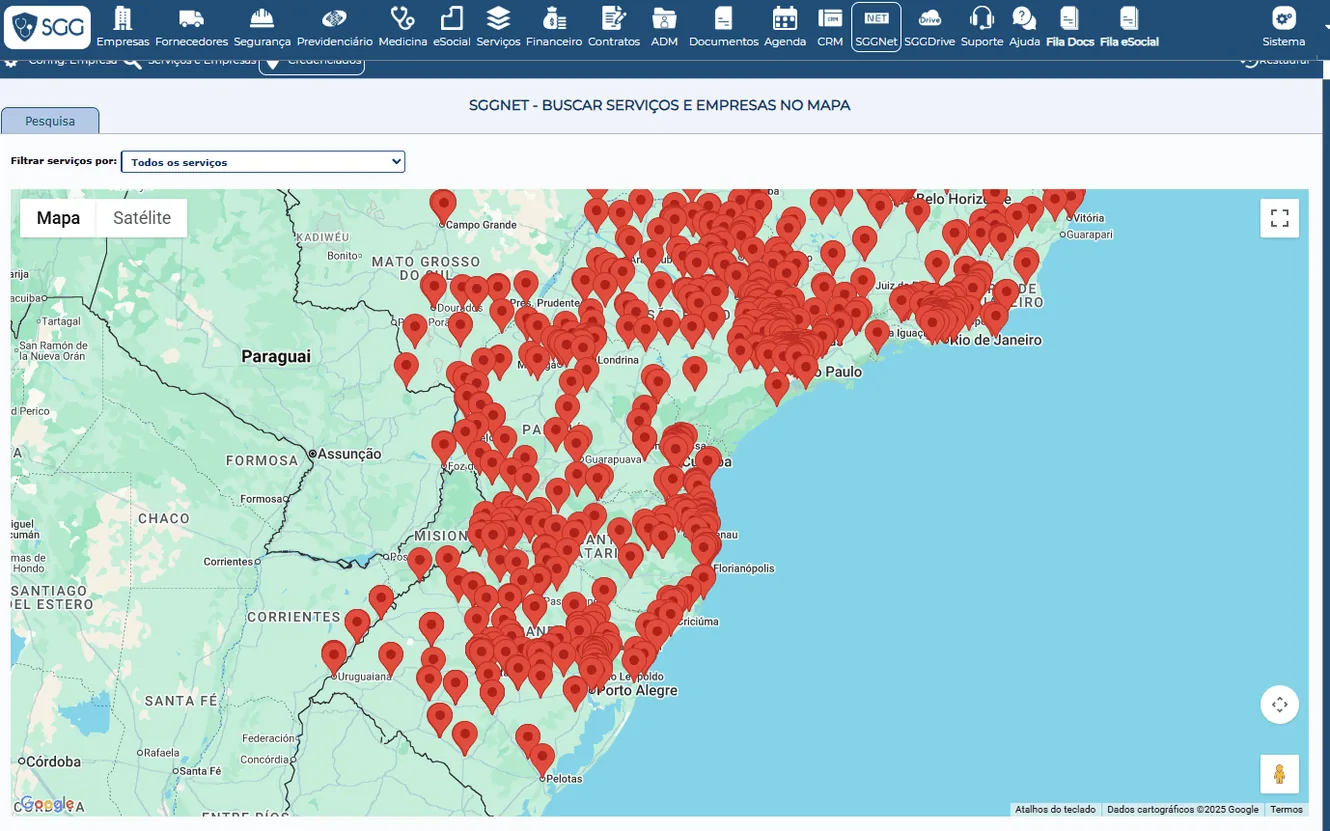 Mapa do SGGNet no SGG mostrando a rede de clínicas e prestadores credenciados em todo o Brasil