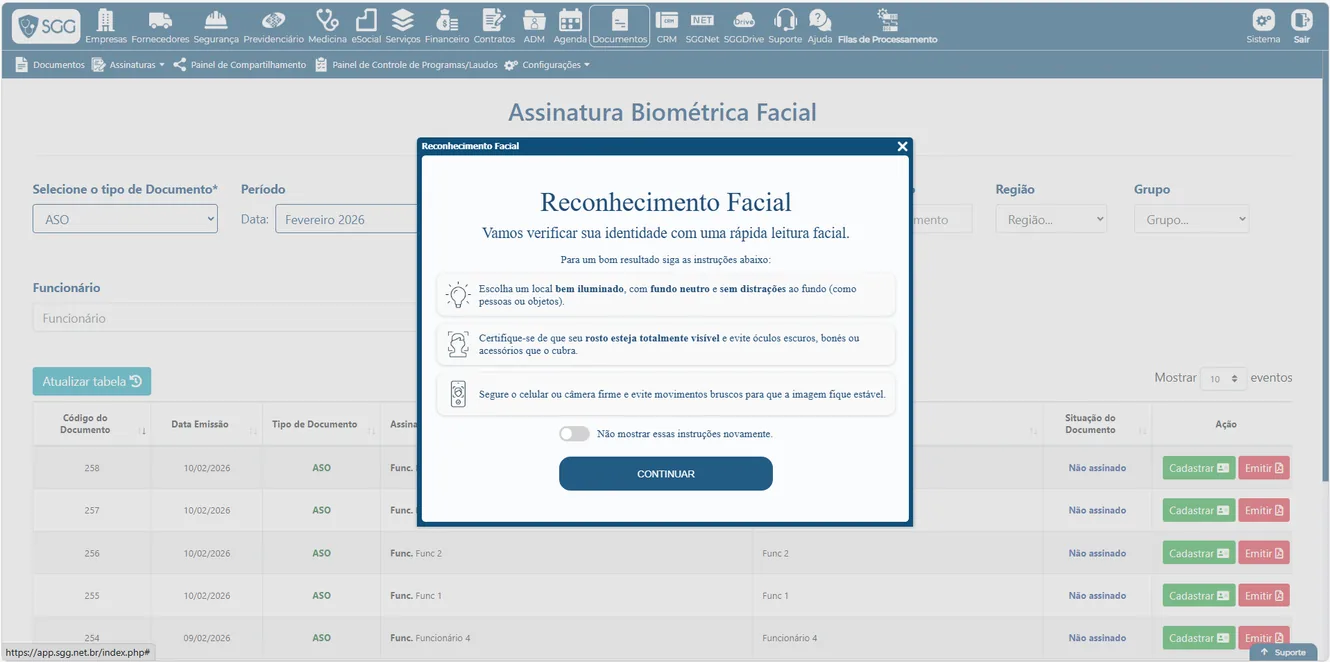Cadastro de assinatura facial do funcionário no SGG