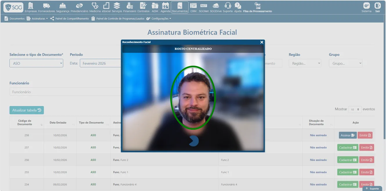 Cadastro de assinatura facial do funcionário no SGG