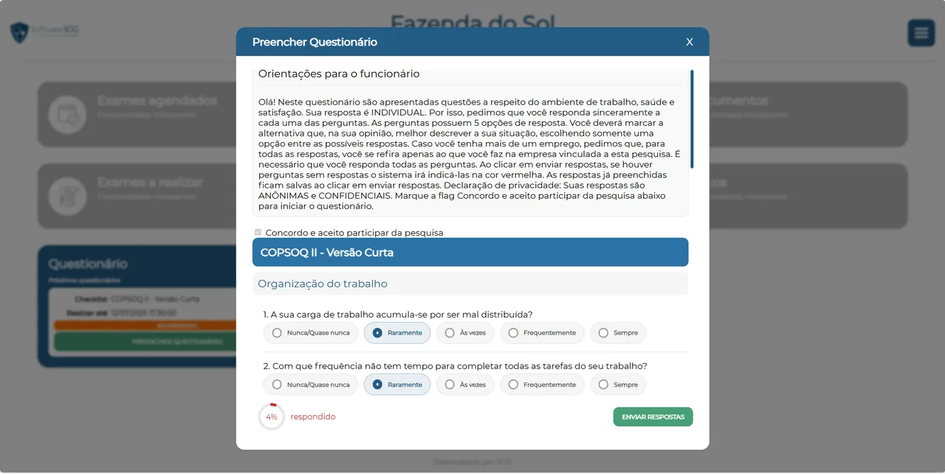Questionário de riscos psicossociais (COPSOQ II) preenchido pelo funcionário no SGG