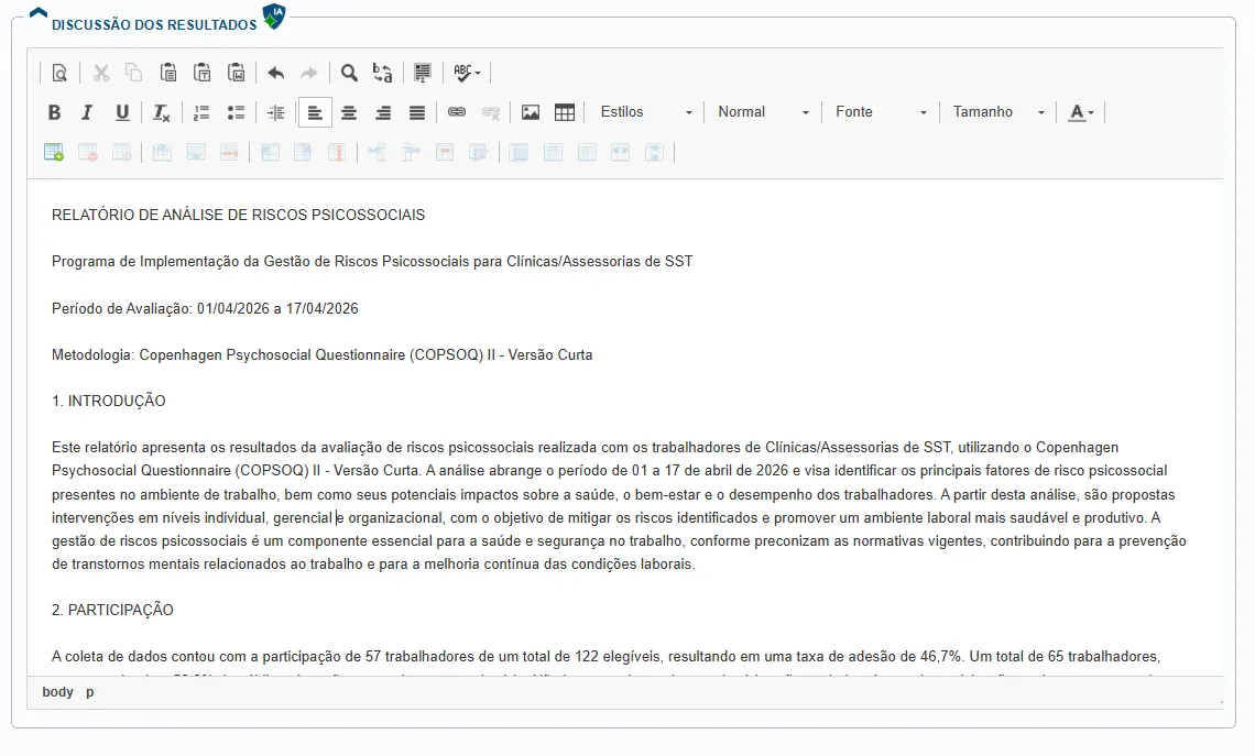 Relatório de discussão dos resultados gerado por IA com introdução, metodologia COPSOQ e análise de participação