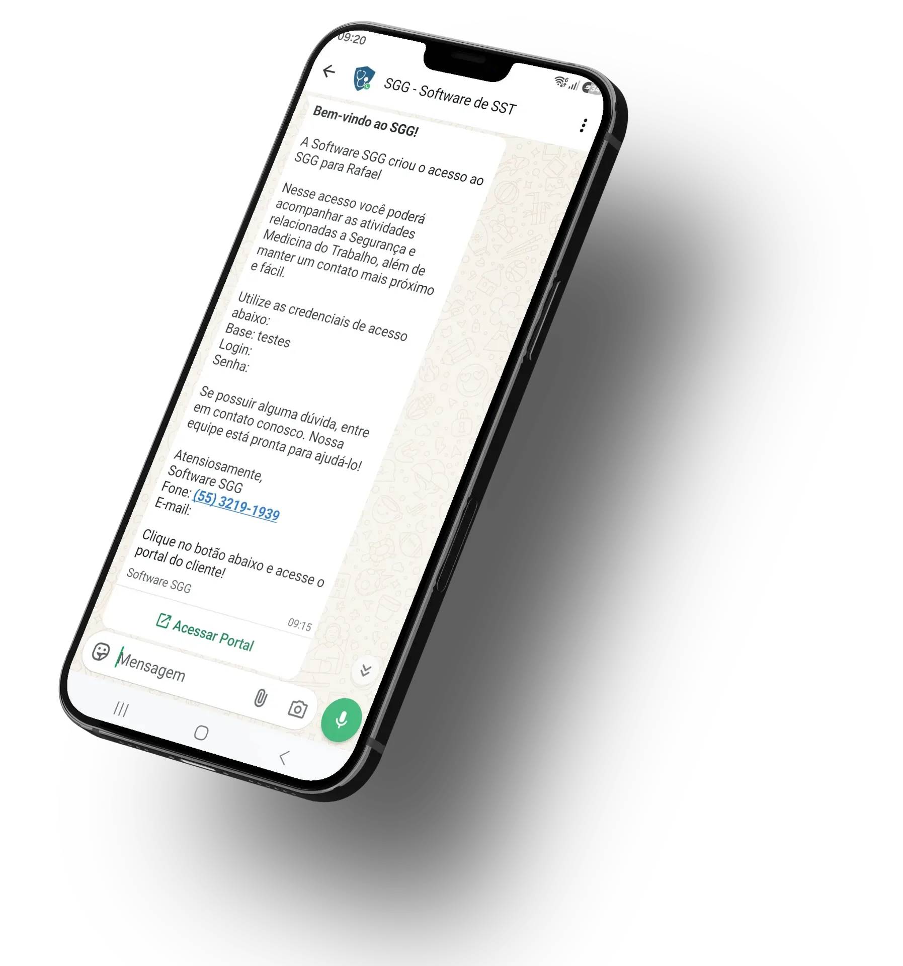Mensagem de boas-vindas do SGG enviada pelo WhatsApp Oficial em um celular