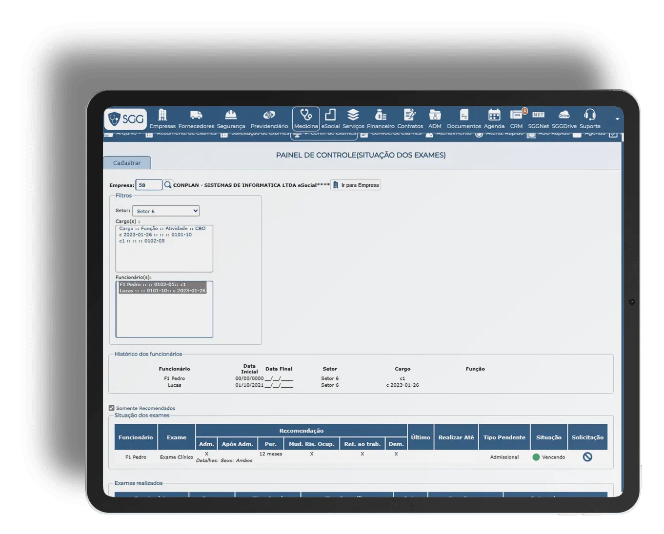 Painel de controle de exames - Sistema SGG