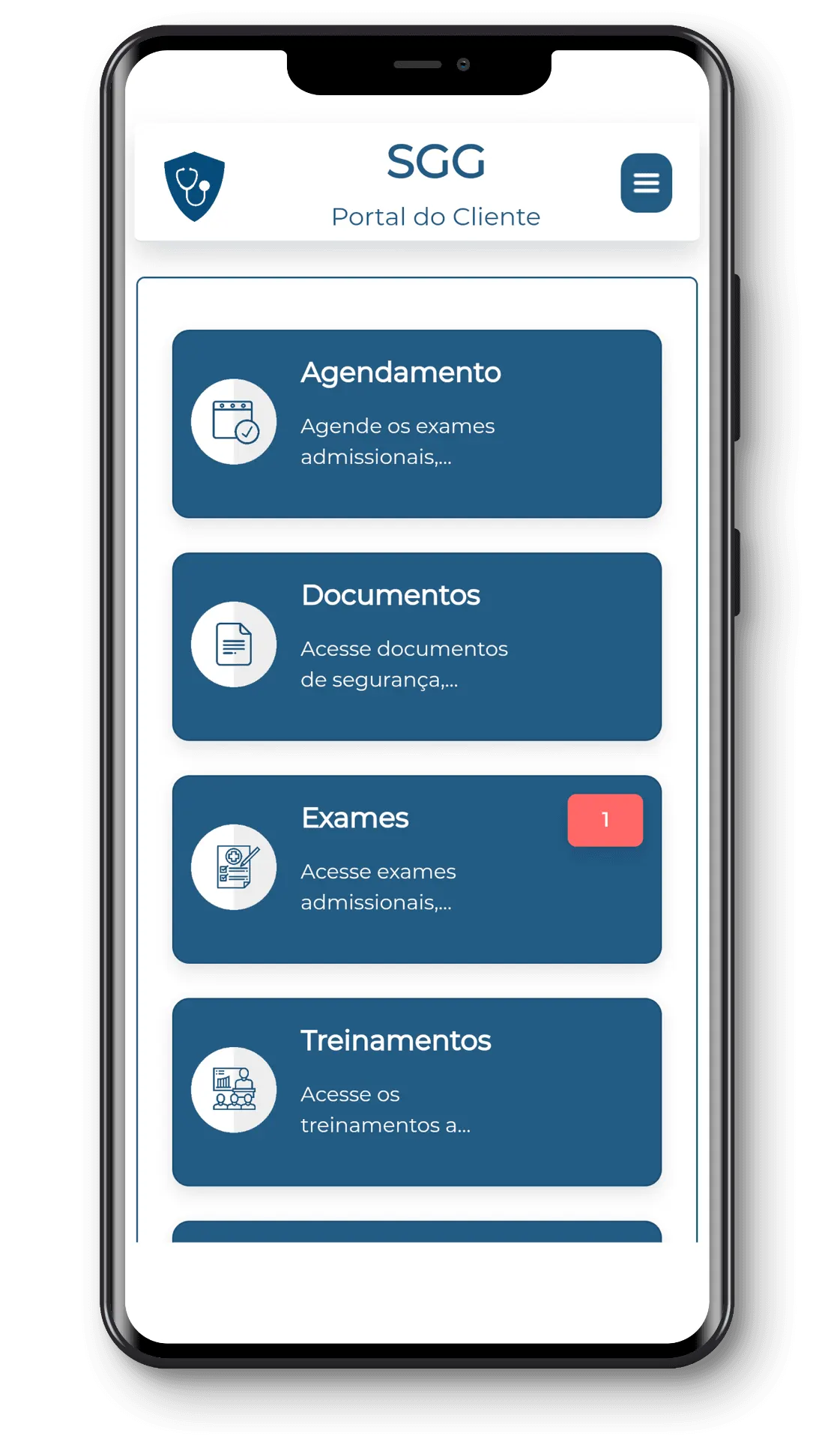 Interface do Portal do Cliente SGG mostrando funcionalidades de agendamento, documentos, exames e treinamentos