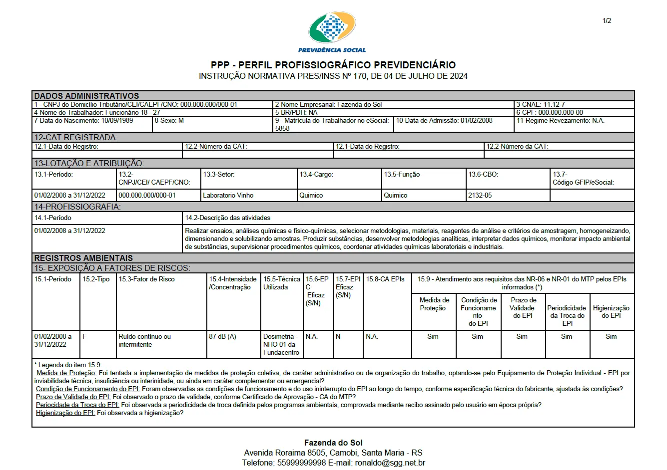 Documento PPP - Perfil Profissiográfico Previdenciário