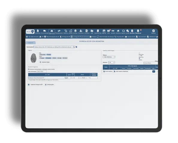 Tela de entrega de EPI com biometria digital no SGG